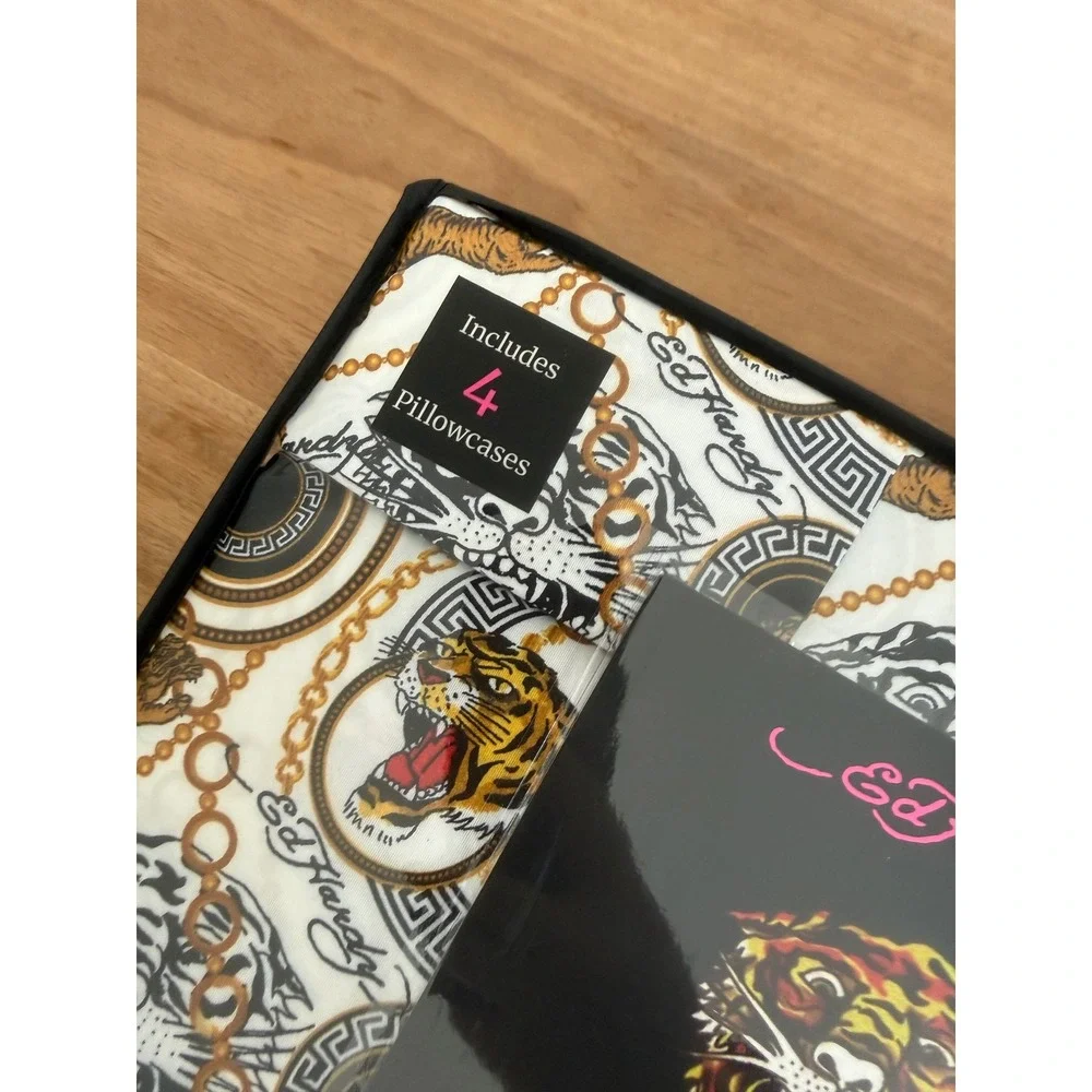 Ed Hardy King 6-Piece Double Brushed Sheet Set Tiger Chain Print White NEW